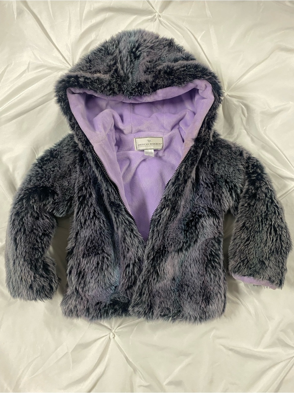 American Widgeon Plush Faux Fur Hooded Jacket - Gray with Lavender Lining-4T